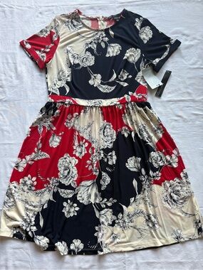 Maggy London Red Navy Cream Floral Block Midi Dress with Short Sleeves